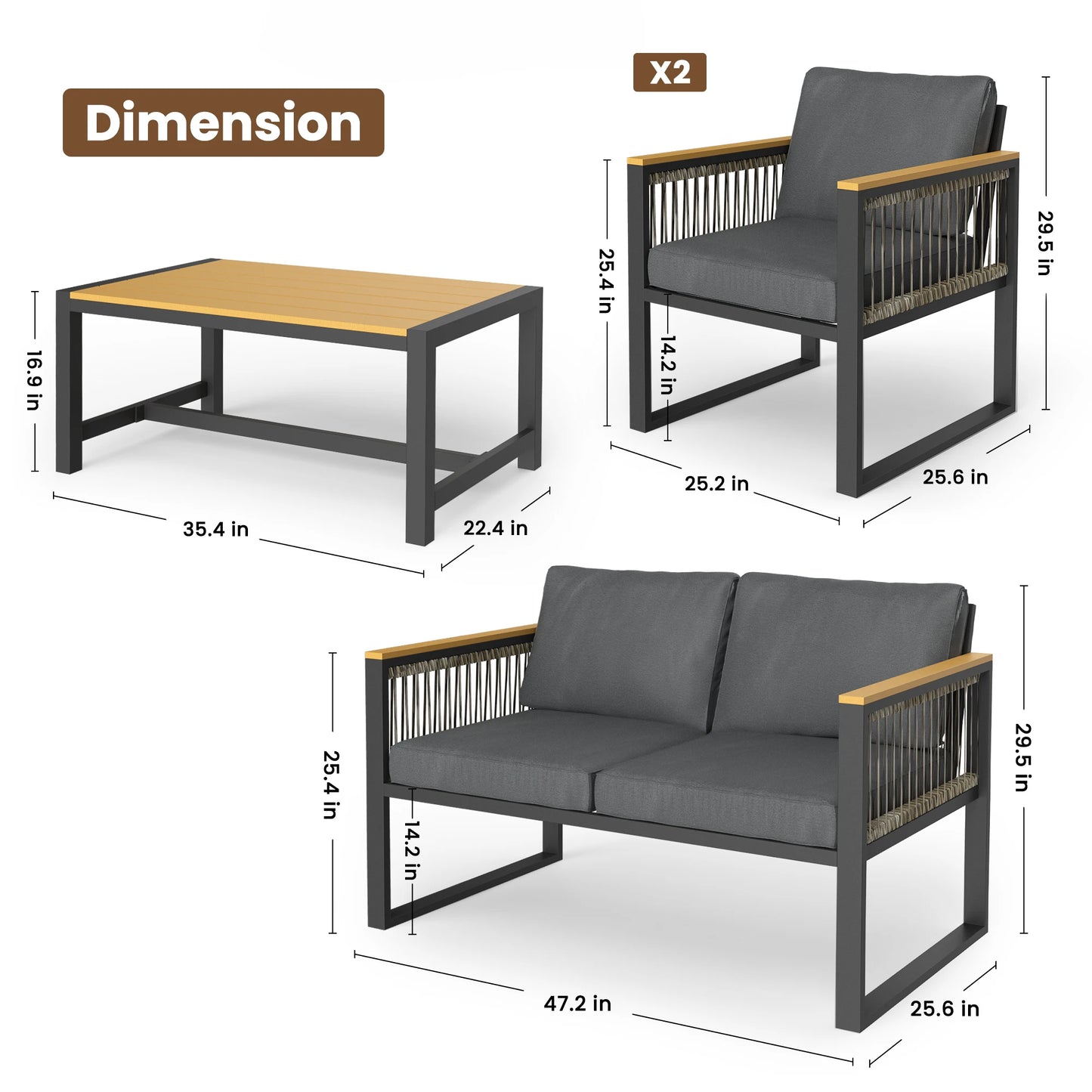 Four-Piece Outdoor Patio Set With Wicker Handrails All-Weather Plastic-Wood