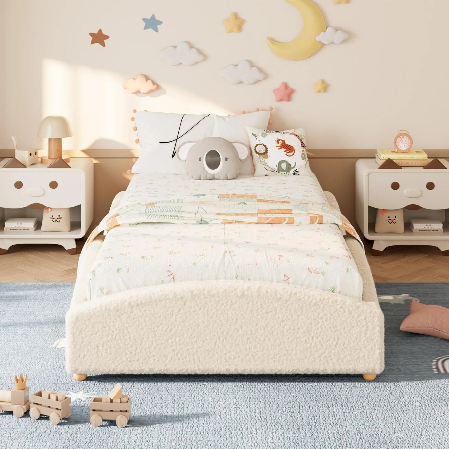 Twin Kids Floor Bed With Raised Sides, Teddy Fabric Upholstered Cloud Daybed, Montessori Platform Bed Frame With Wood Slats, No Box Spring