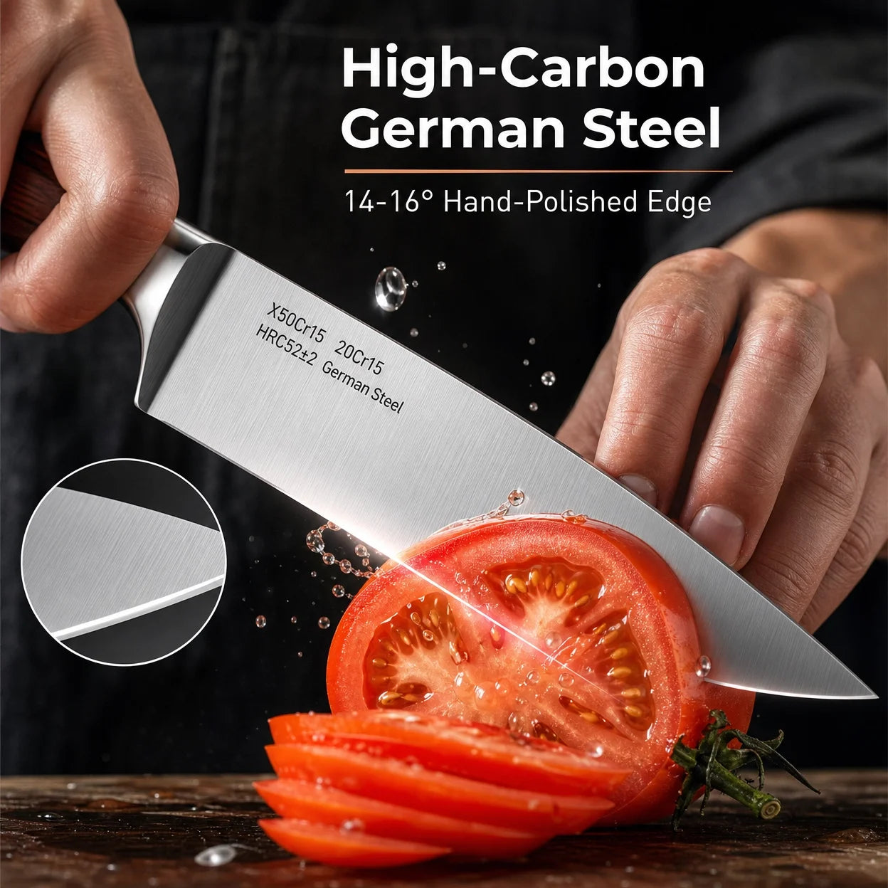 Kitchen Knife Set With Sharpener And Wooden Block Carbon Steel