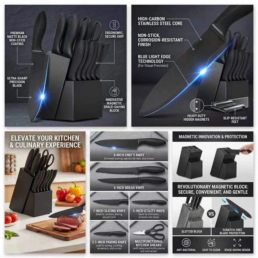 Kitchen Knife Set With Block And Ergonomic Stainless Steel Blades