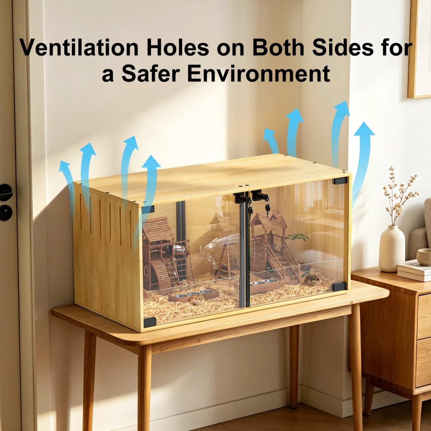 Wooden Small Animal Cage With Tempered Glass For Hamsters Mice