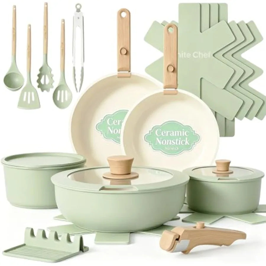 21Pcs Pots and Pans Set Non Stick, Nonstick Cookware Sets Detachable Handle, Non Toxic Induction RV Kitchen Cooking Set, Dishwa