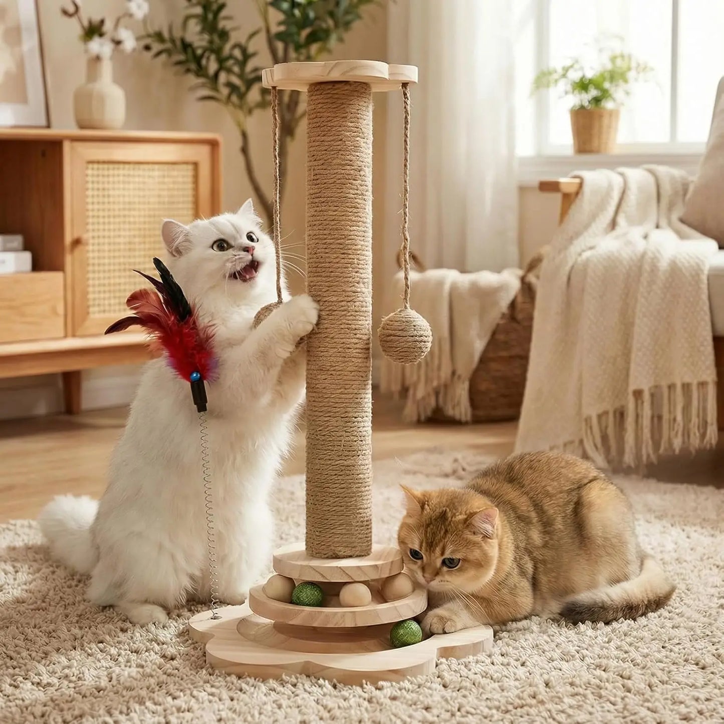 4 In 1 Cat Scratch Post Wooden Cat Scratcher With 2 Tier Catnip Balls