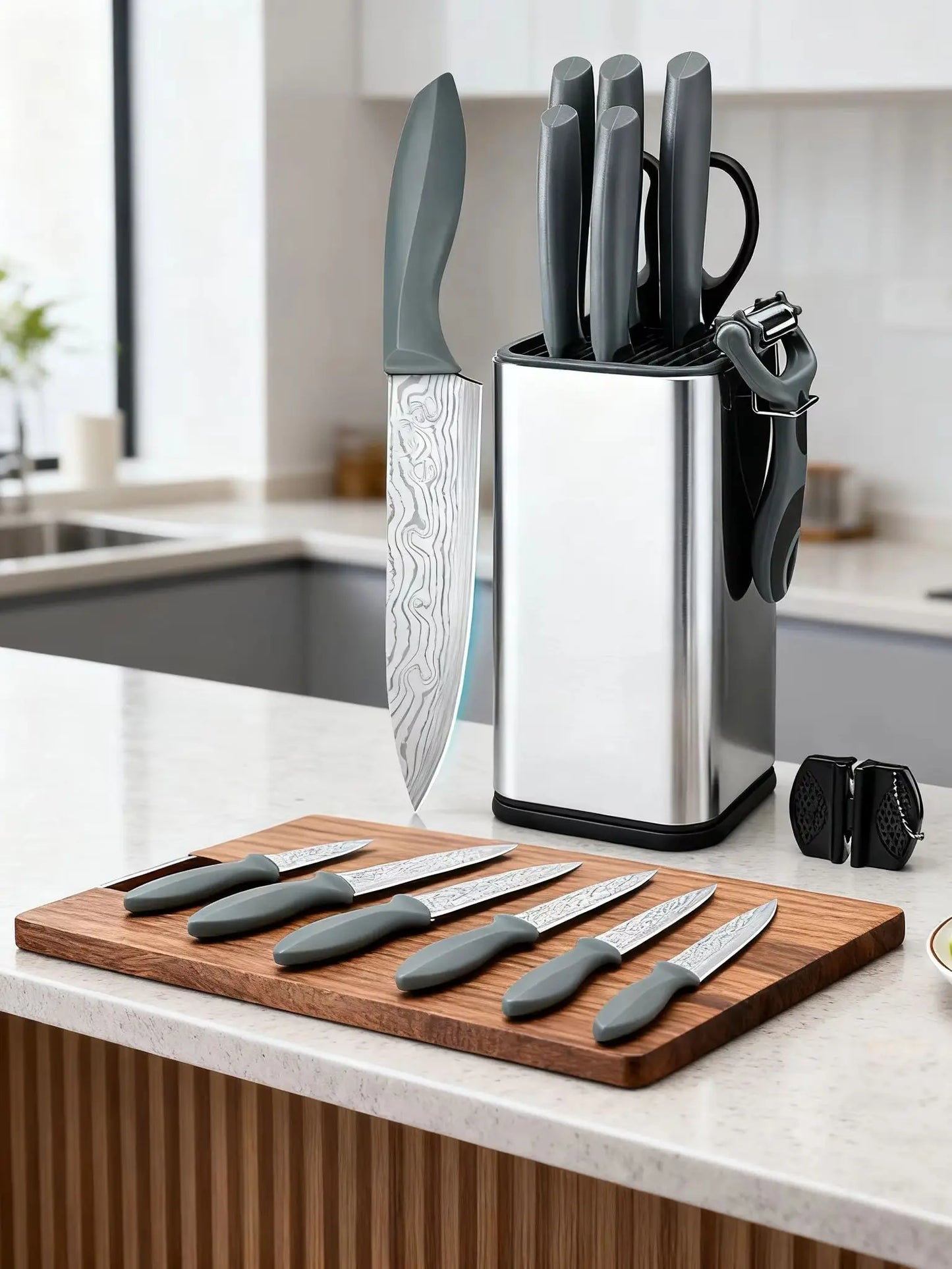 Damascus Pattern Stainless Steel Kitchen Knife Set With Knife Block