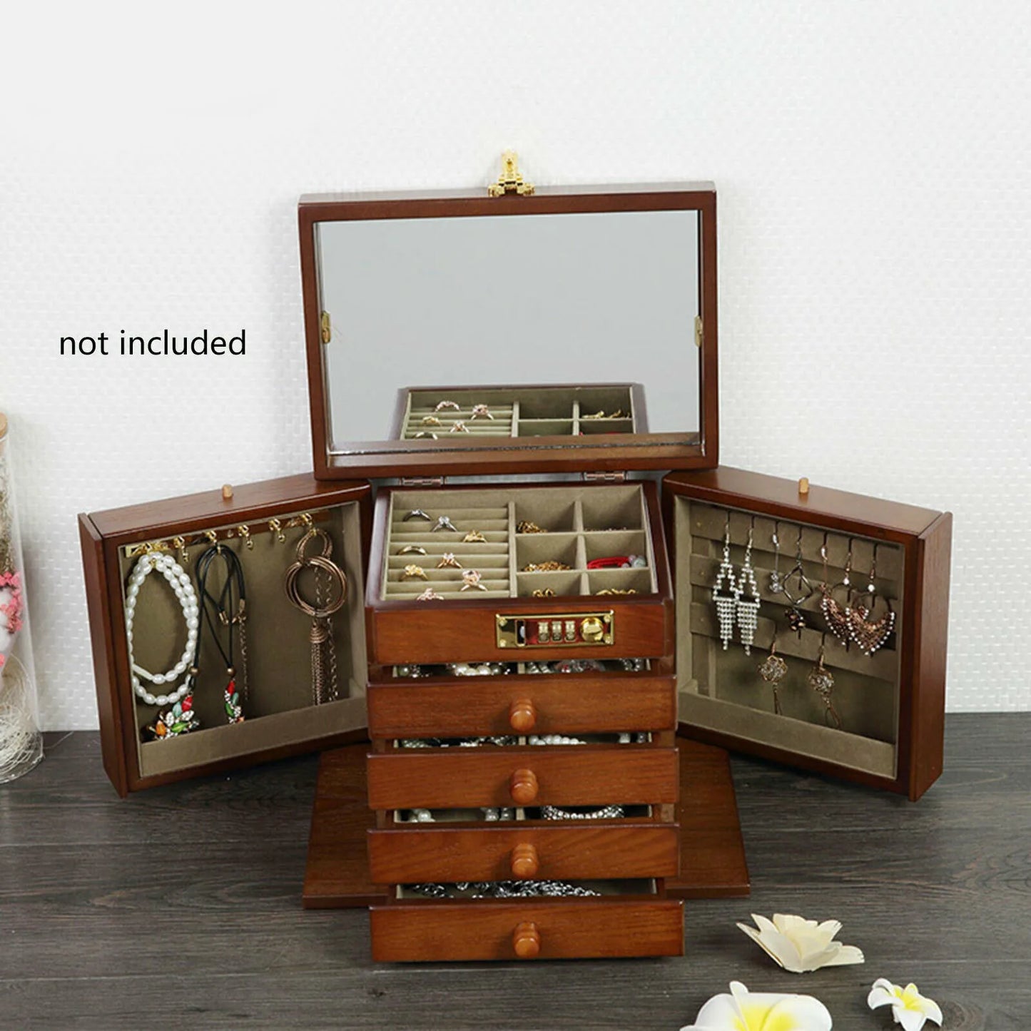 Wooden Jewelry Box With Mirror And Password Lock Four Layer Storage