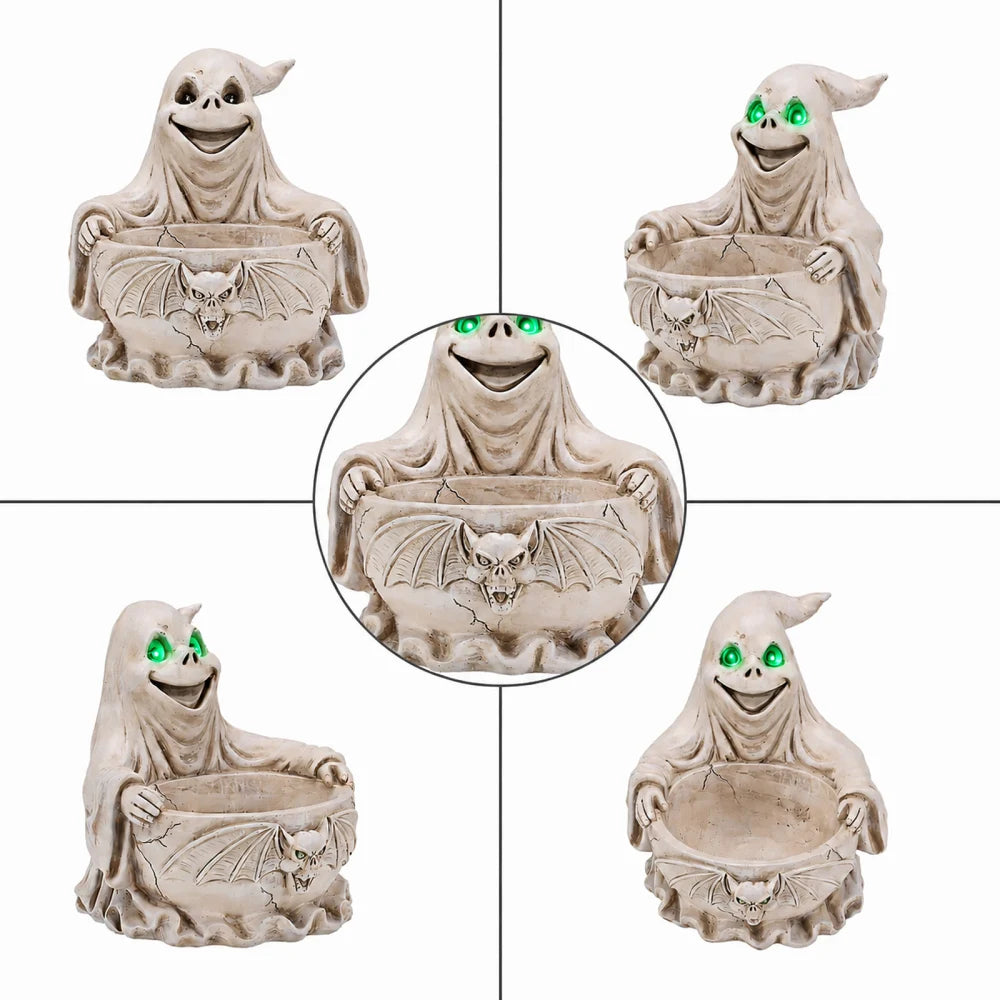 Halloween Ghost Storage Bowl Figurine, Spooky Candy Dish with LED Light for Halloween Party