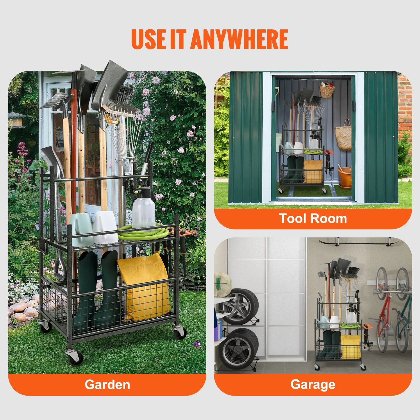 16 Slots Garden Tool Organizer Rack With Hooks And Wheels
