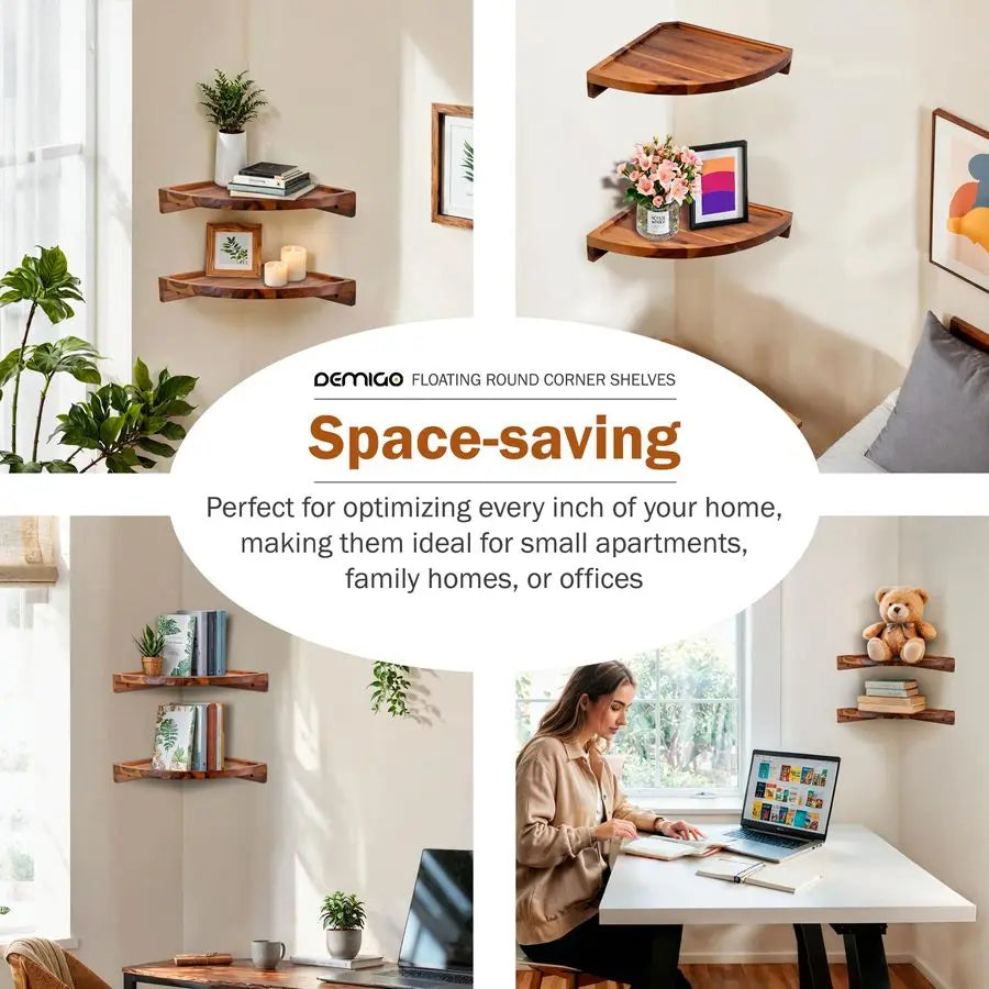 Floating Corner Shelves Wall Mount 2 Pack Acacia Wood