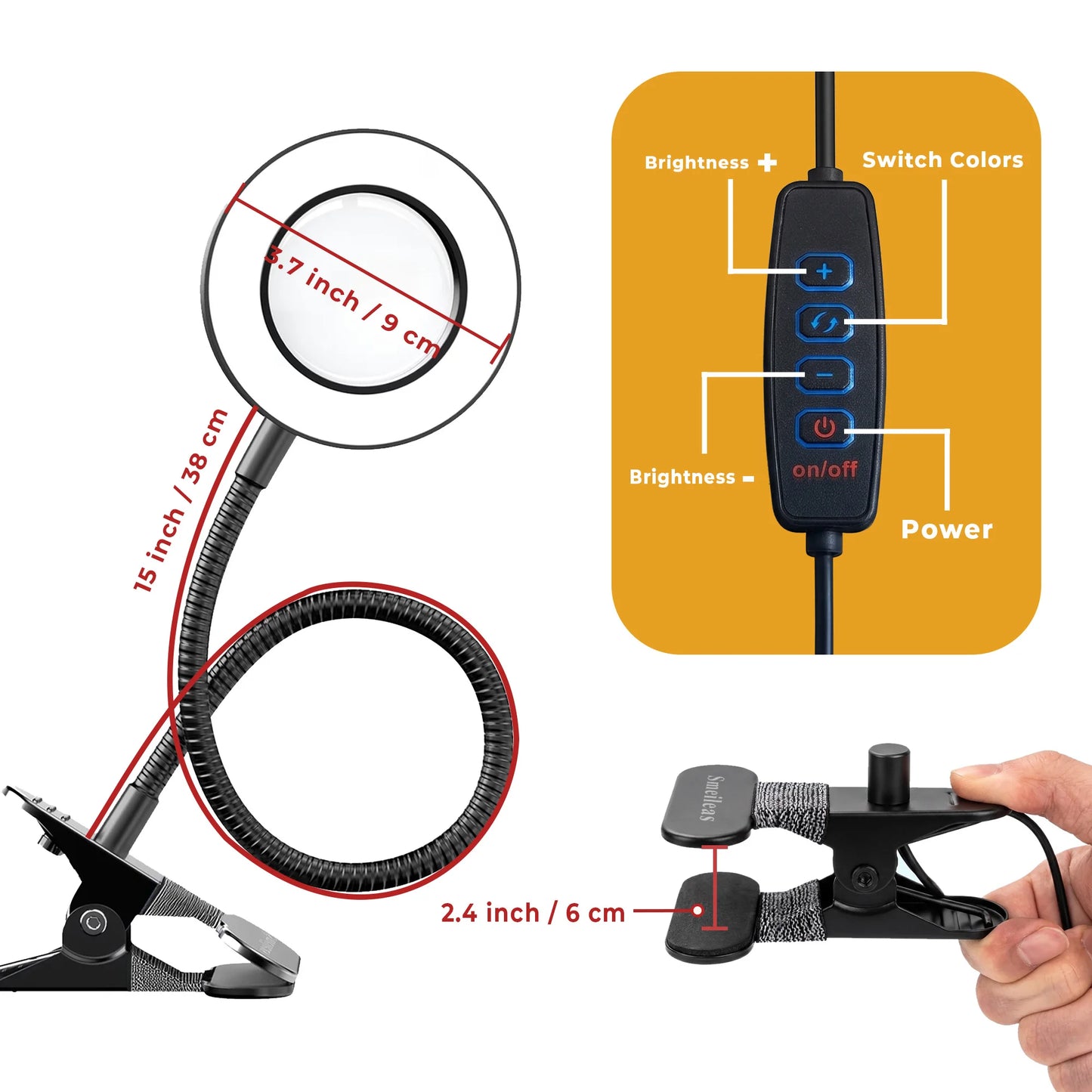 Smeileas LED Magnifying Clamp Lamp With Three Color Modes