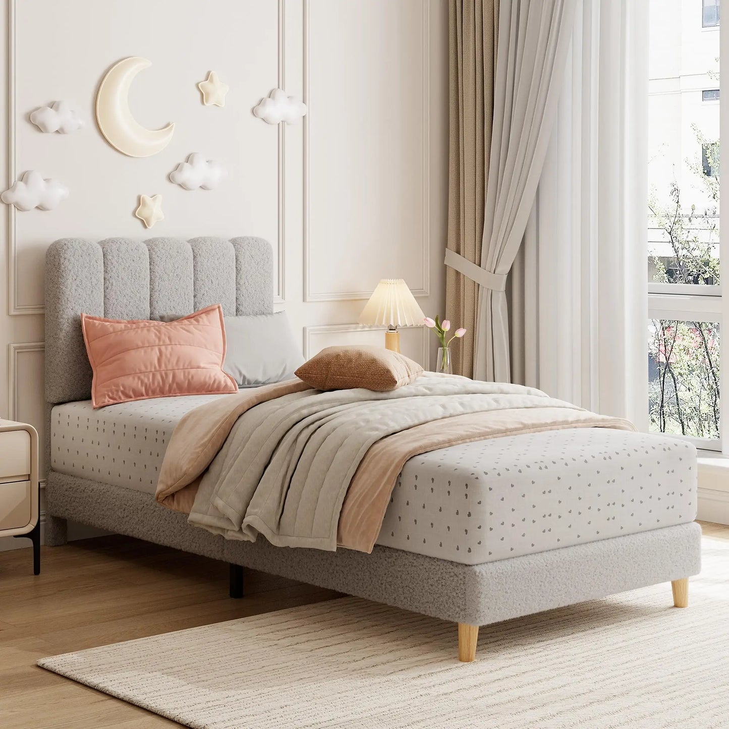 Twin Bed Frame, Upholstered Platform Bed with Wave Headboard for Girls/Kids, Easy Assembly, Wooden Slats Support, No Box Spring Needed
