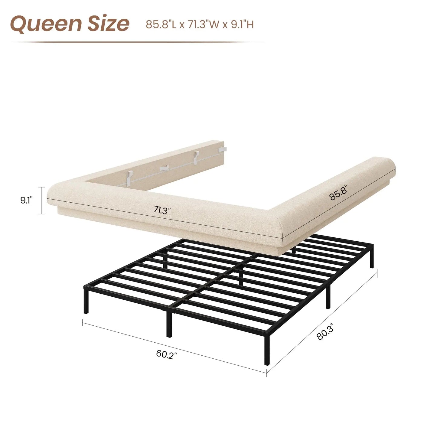 Full Queen King Cloud Platform Bed Frame, Upholstered Low Profile Bed With Metal Slats, Noise Free, Easy Assembly, No Box Spring Needed