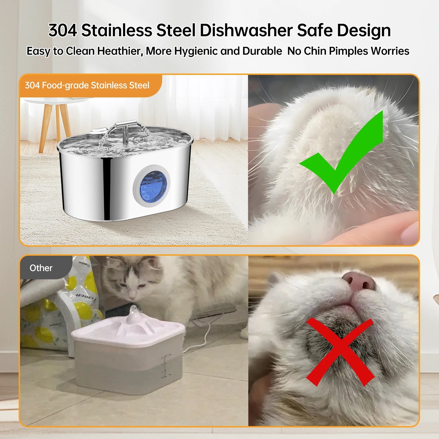 Stainless Steel Cat Water Fountain With Visible Water Level Window