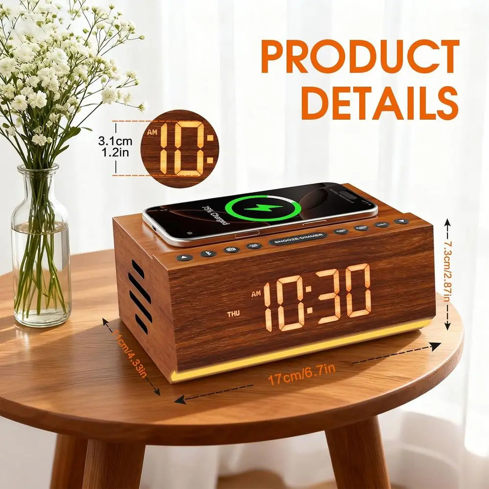 Bluetooth Digital Alarm Clock With Wireless Charging And FM Radio