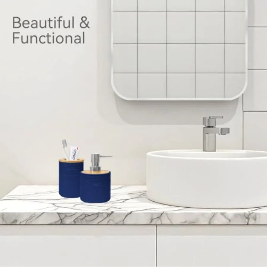 Bamboo Bathroom Accessories Set Soap Dispenser And Toothbrush Holder Boho