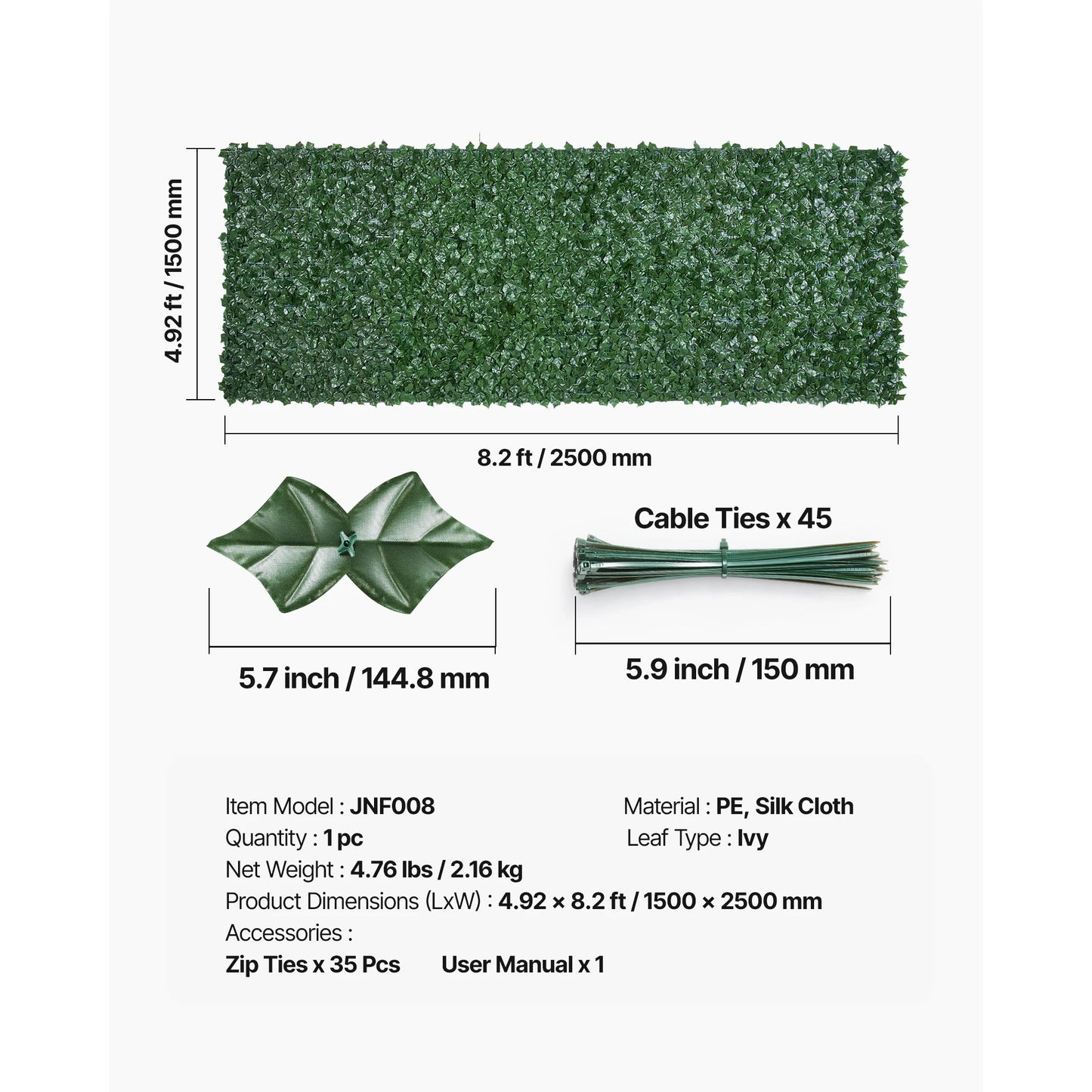 VEVOR Privacy Fence Artificial Green Wall Screen Greenery Faux Hedges Vine Leaf Decoration for Outdoor Garden Yard Balcony Decor