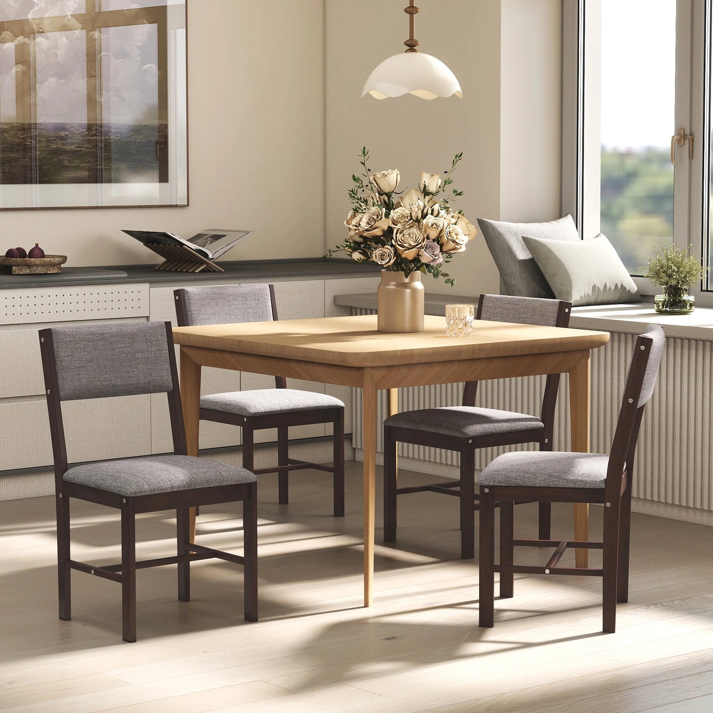 HOMCOM Set Of 4 Solid Wood And Linen Dining Chairs
