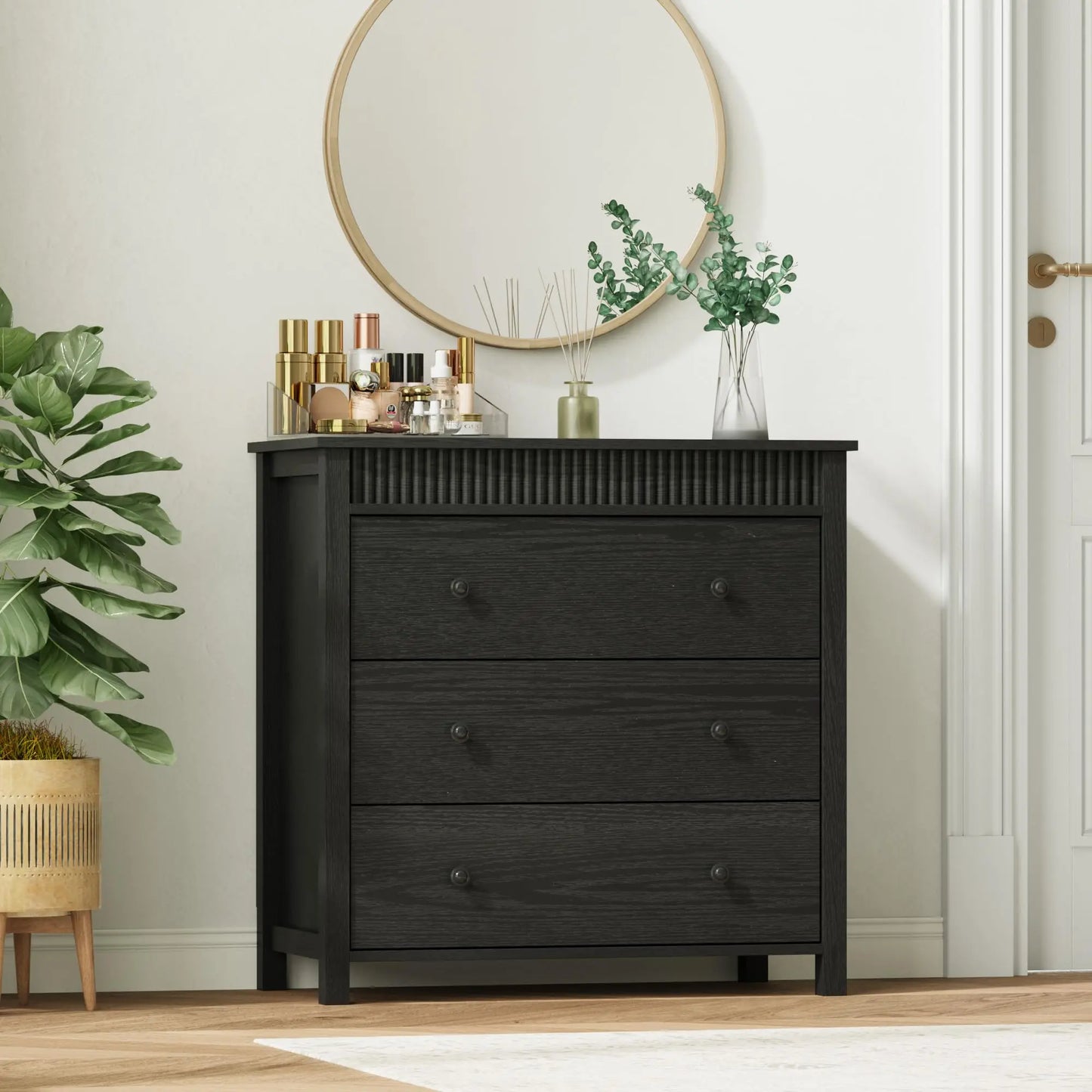 31.5 Inch Fluted Nightstand With 3 Drawers, Natural Oak Finish Wood Bedside Table, Large Modern End Table For Bedroom Storage