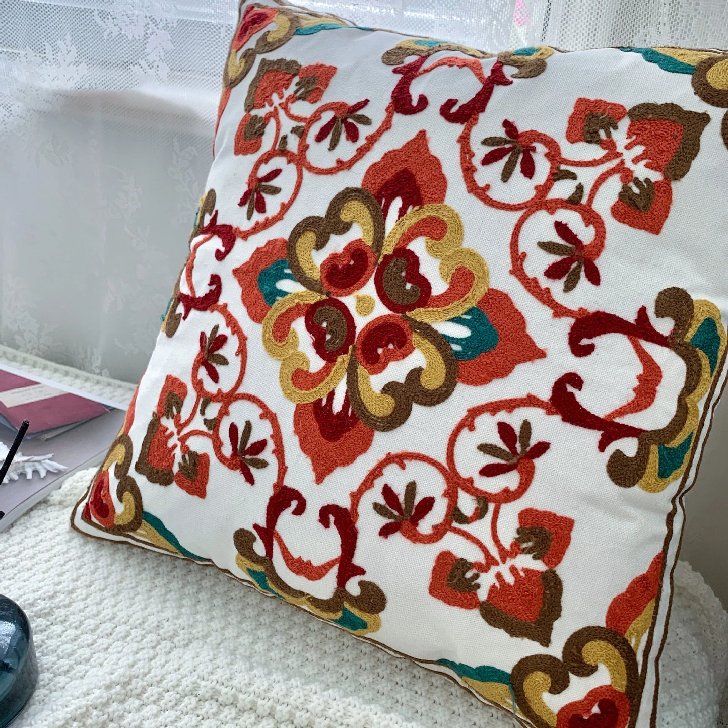 Ethnic Style Floral Embroidered Cotton Pillow Cover