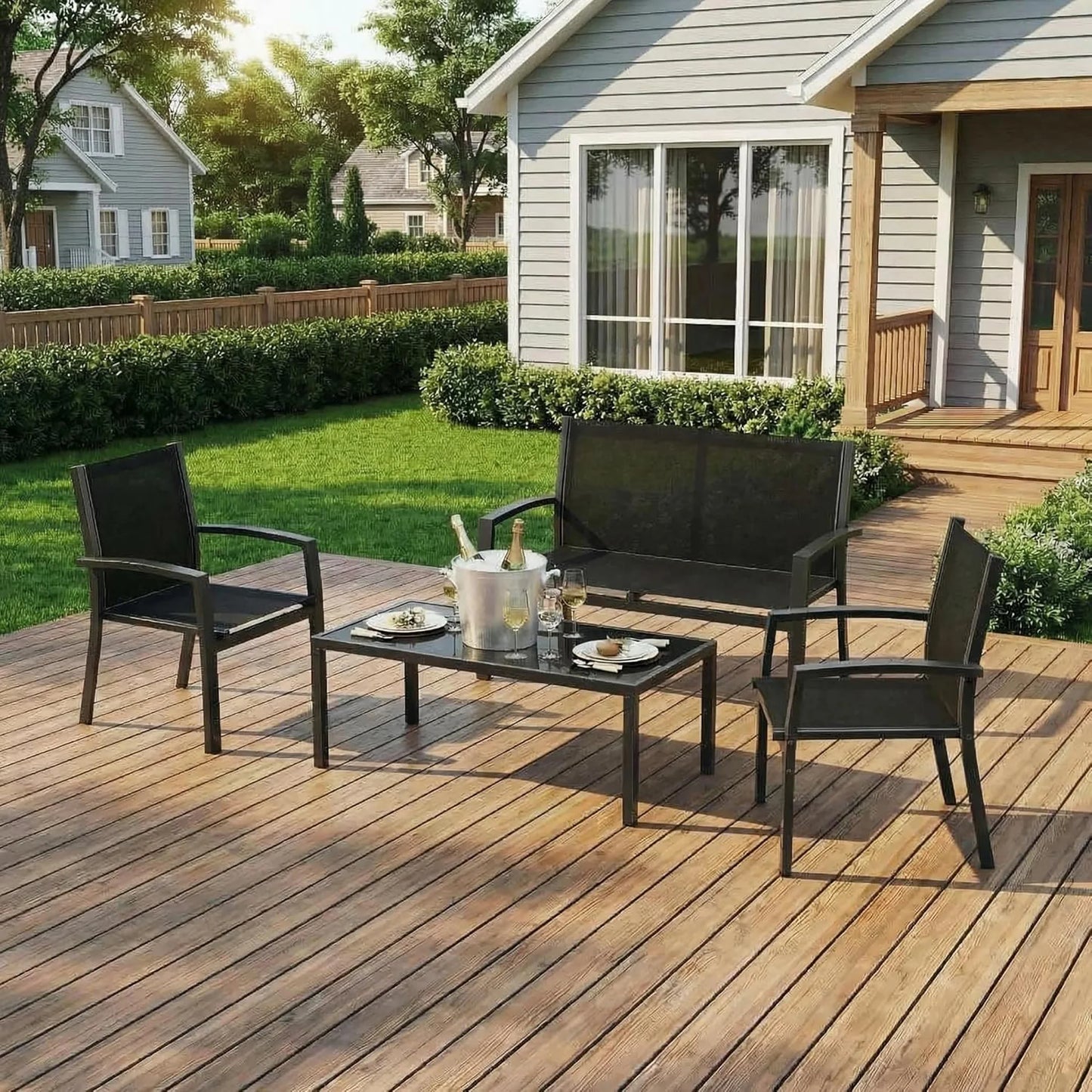 HobbyLane Modern 4 Piece Metal Patio Set With Mesh Table