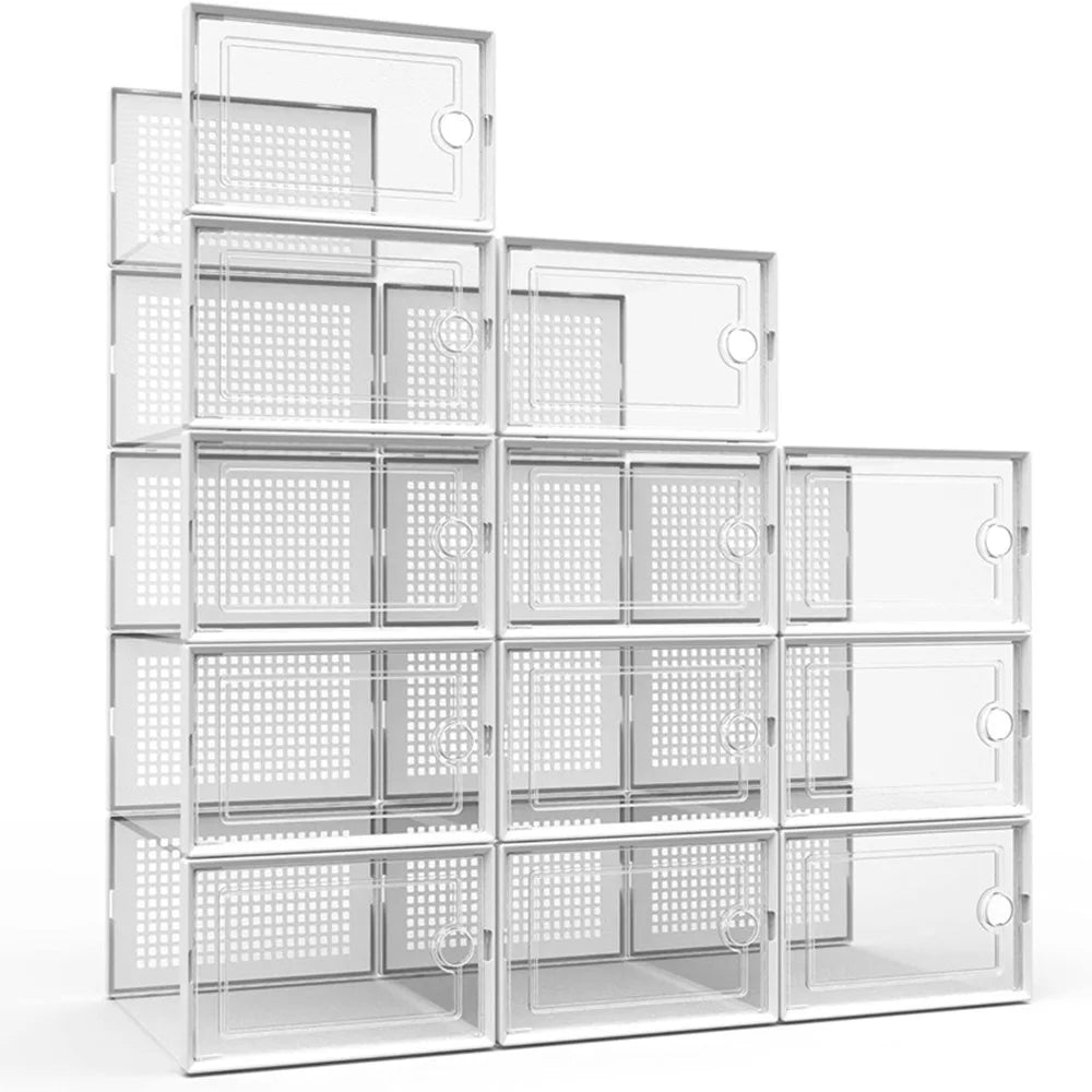 Transparent Stackable Shoe Storage Boxes Foldable Linked Design 12 Pack
