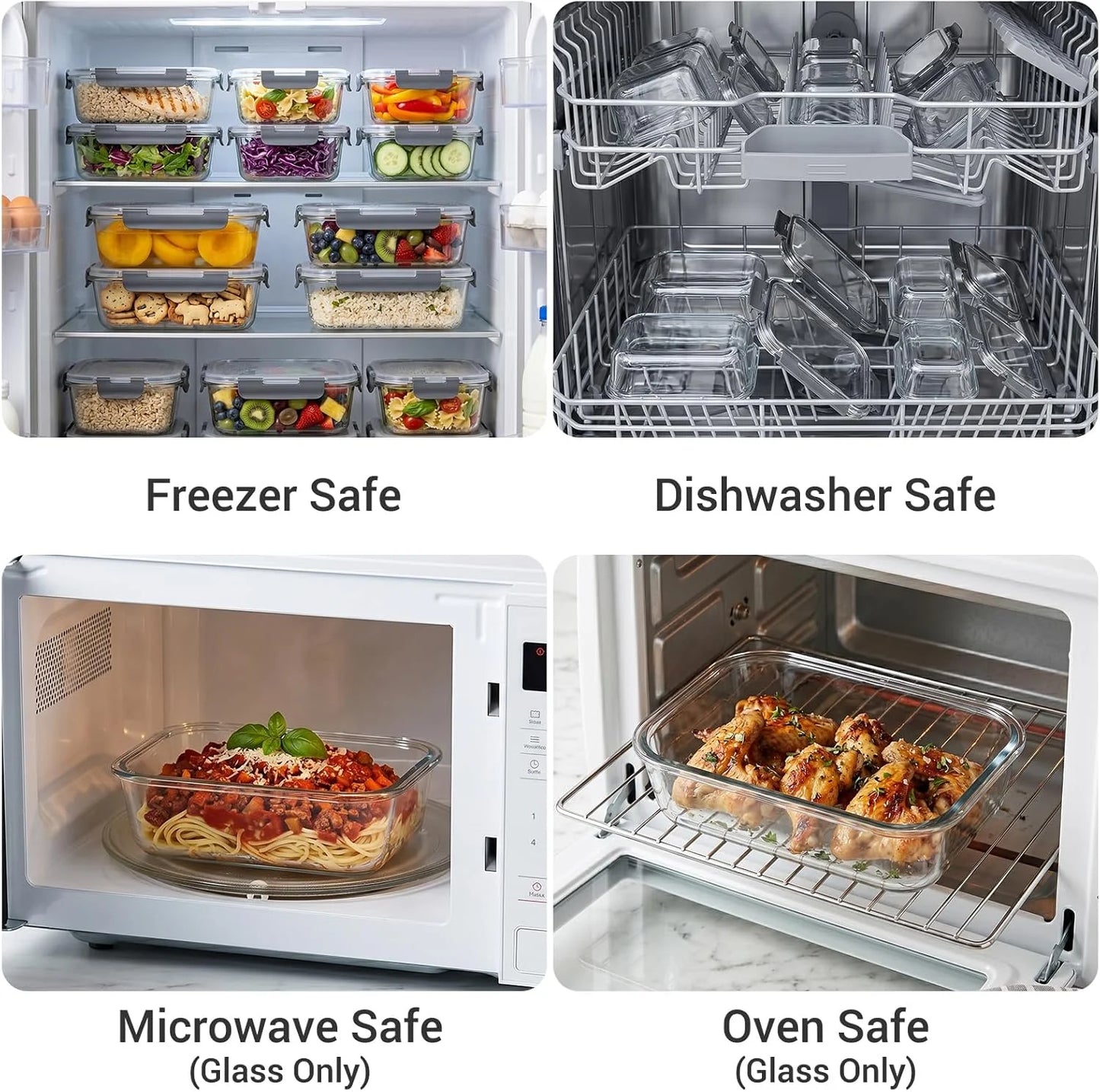 Glass Food Storage Containers With Lids, 20 Piece, 4.5 Cup And 1.5 Cup Capacity