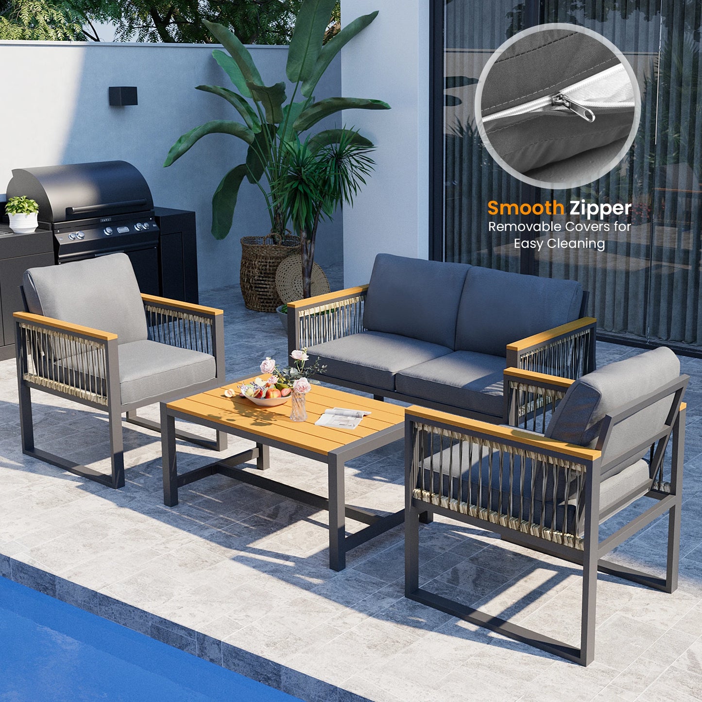 Four-Piece Outdoor Patio Set With Wicker Handrails All-Weather Plastic-Wood