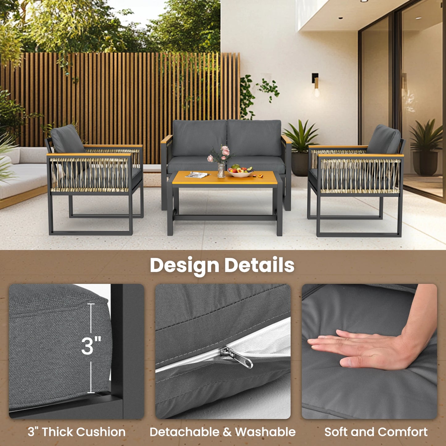 Four-Piece Outdoor Patio Set With Wicker Handrails All-Weather Plastic-Wood