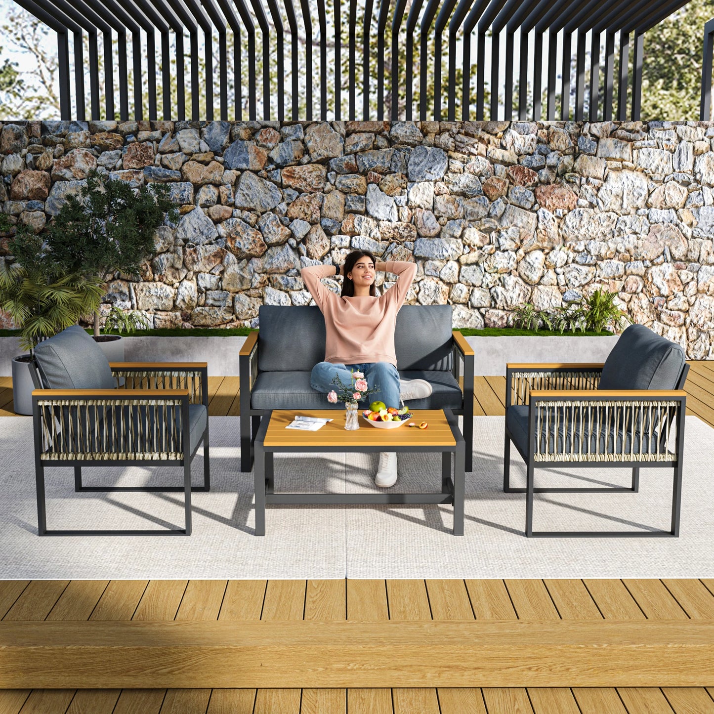 Four-Piece Outdoor Patio Set With Wicker Handrails All-Weather Plastic-Wood