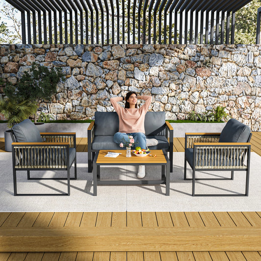 Four-Piece Outdoor Patio Set With Wicker Handrails All-Weather Plastic-Wood