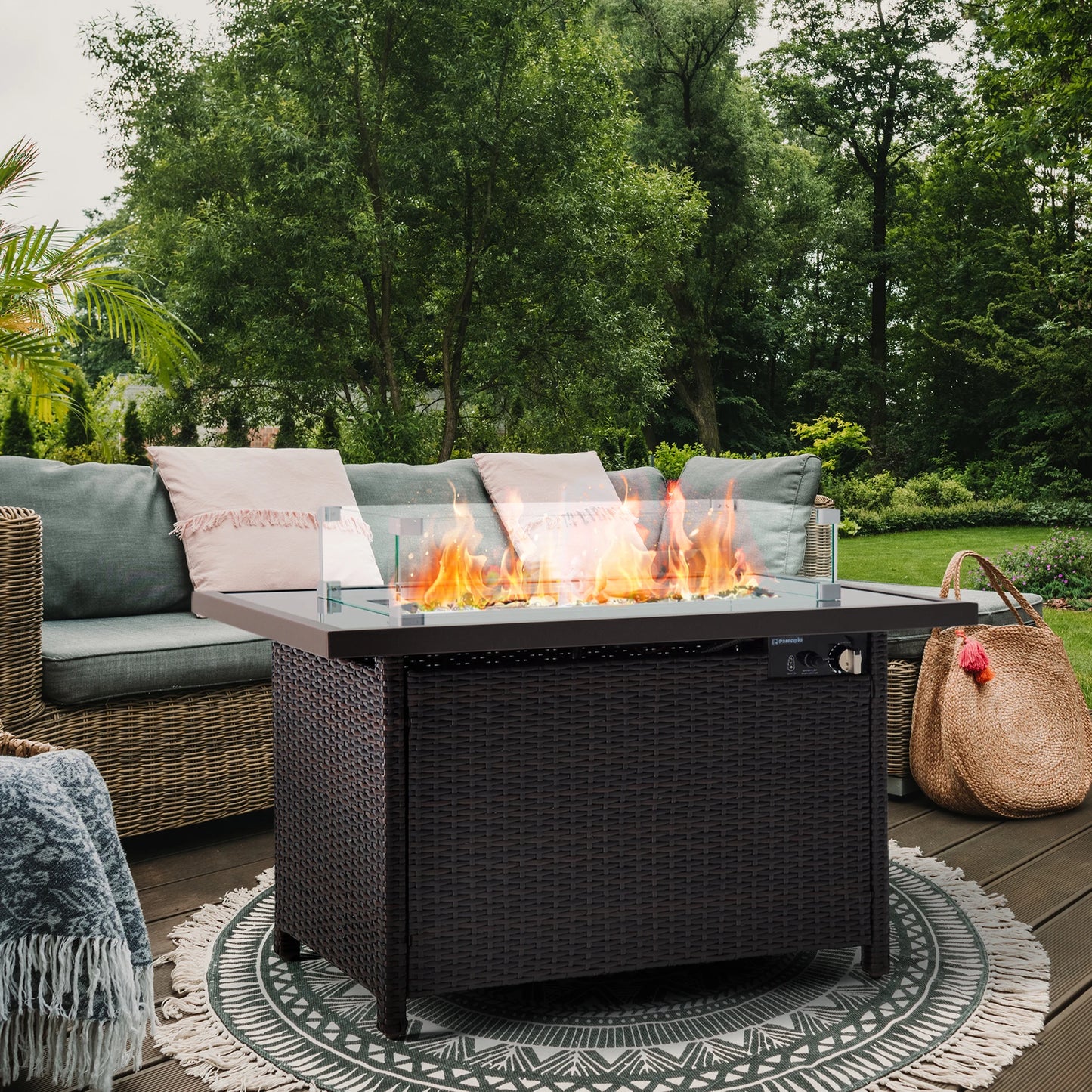 PAMAPIC 50,000 BTU Auto-Ignition Fire Pit Table Glass Wind Guard