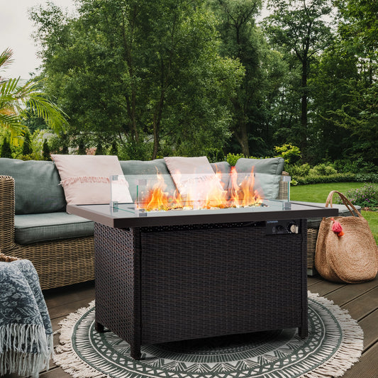 PAMAPIC 50,000 BTU Auto-Ignition Fire Pit Table Glass Wind Guard