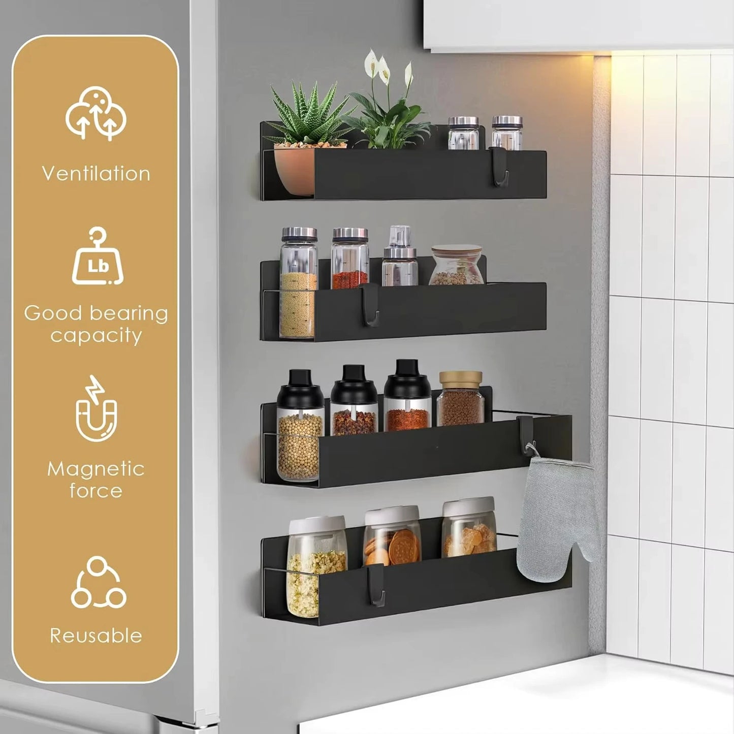 4 Pack Magnetic Spice Rack Organizer For Refrigerator Doors