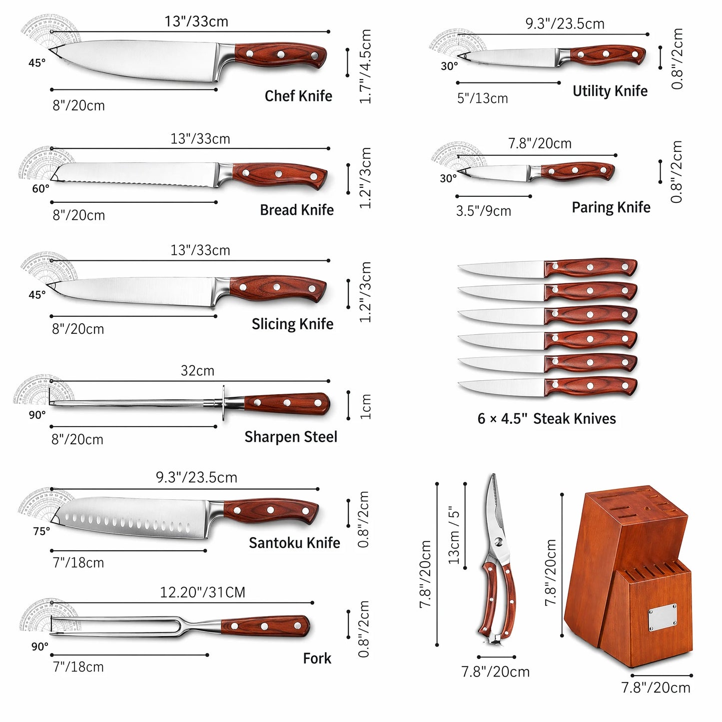 Kitchen Knife Set With Sharpener And Wooden Block Carbon Steel
