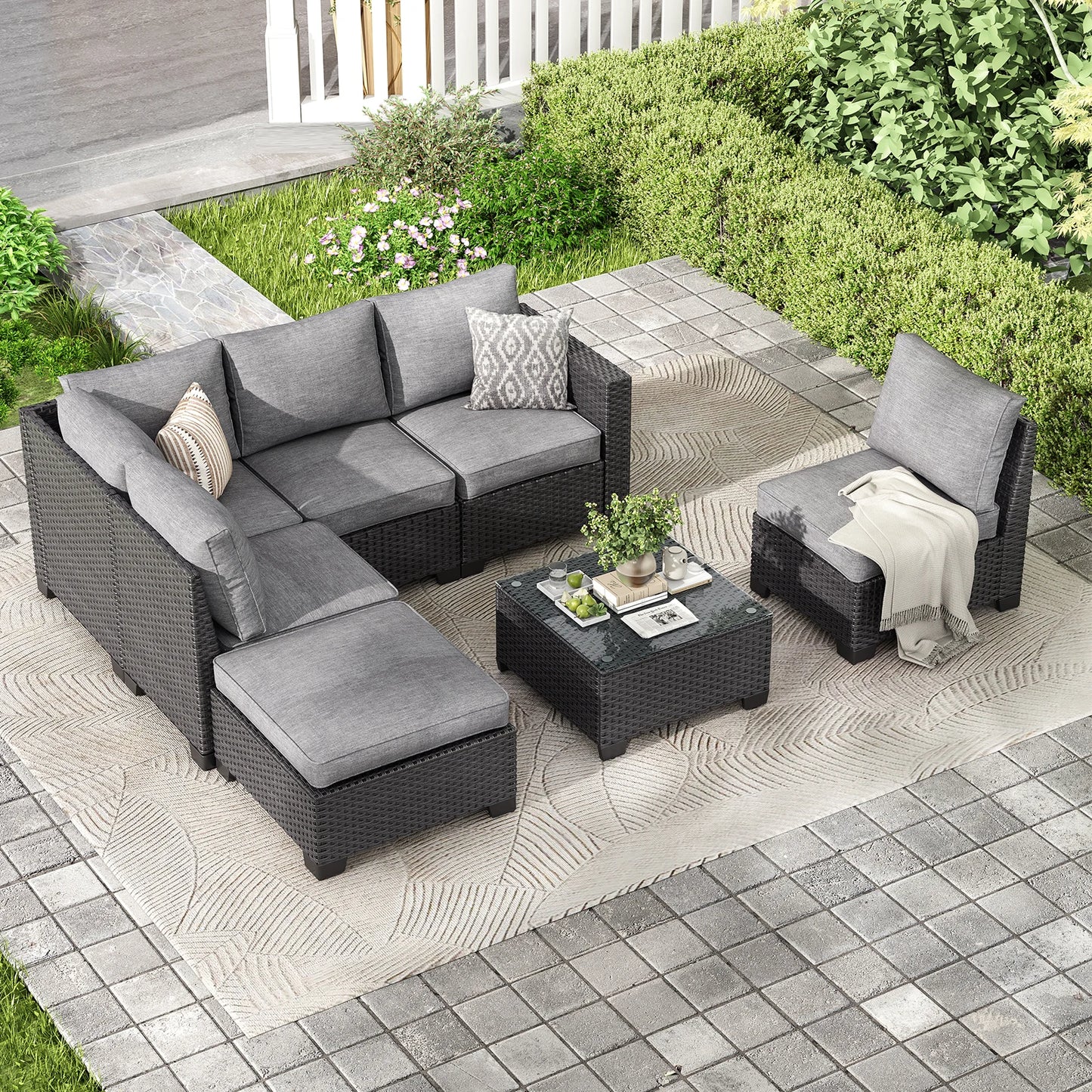 Rattan Patio Sectional Sofa Set With Ottoman Water Resistant Fabric