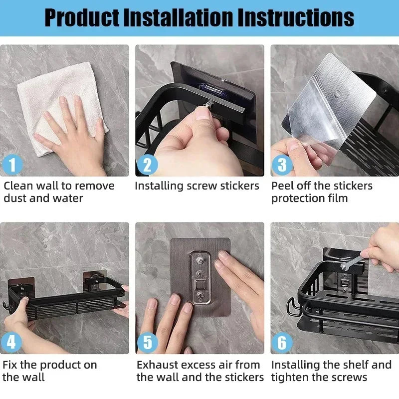 Aluminum Alloy Shower Shelf Wall Mounted No Drill
