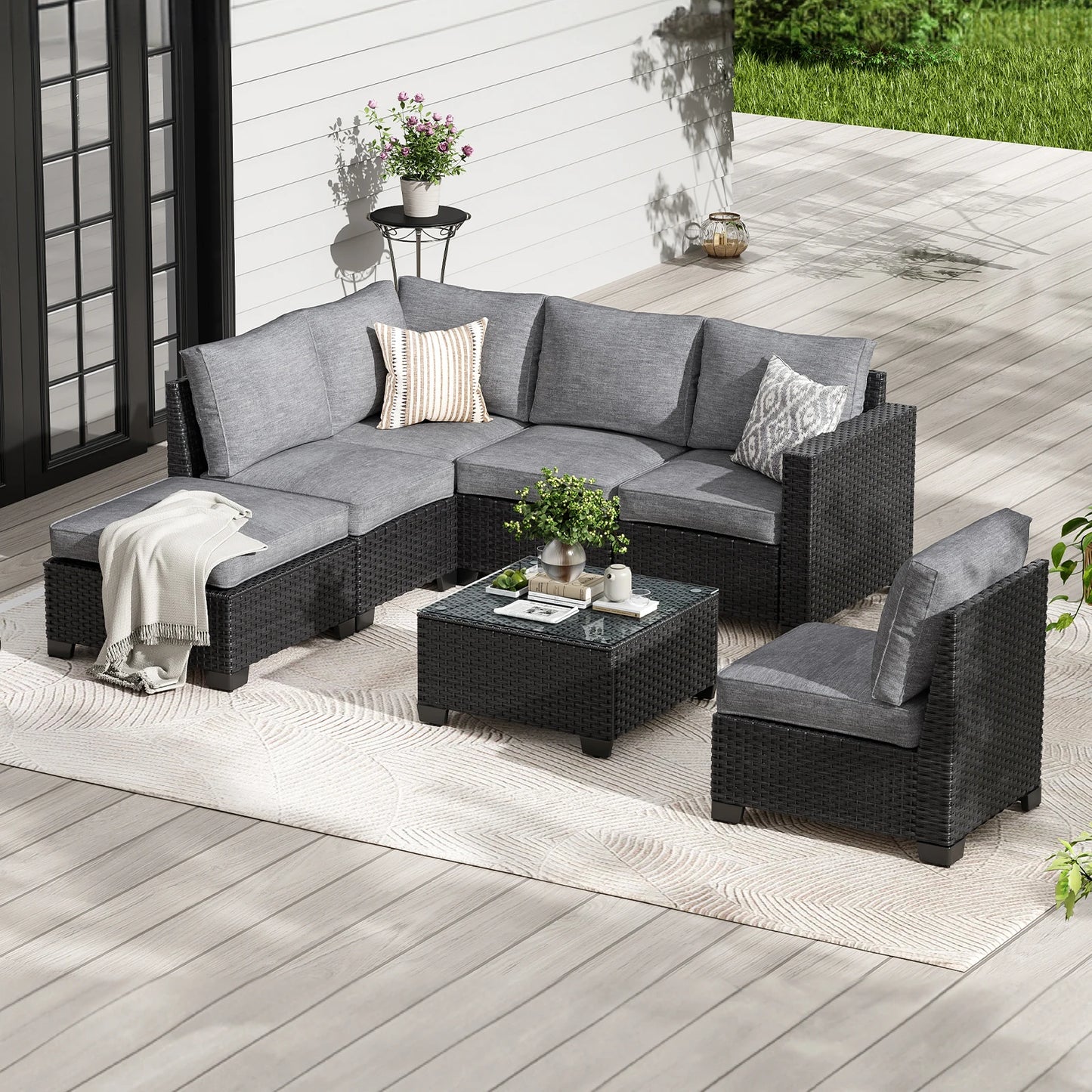 Rattan Patio Sectional Sofa Set With Ottoman Water Resistant Fabric