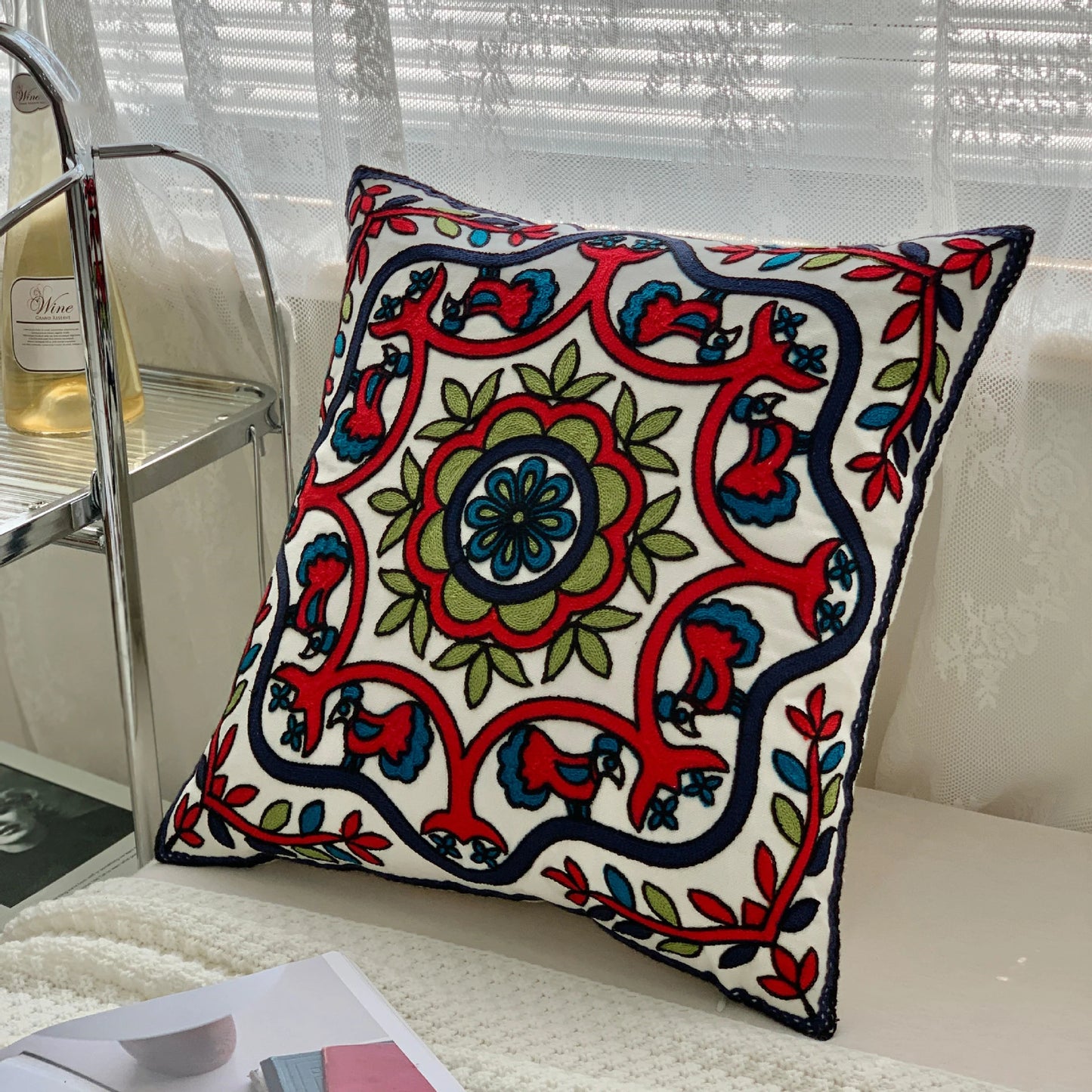 Ethnic Style Floral Embroidered Cotton Pillow Cover