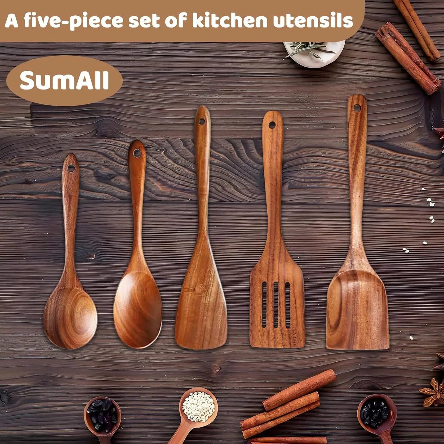 Natural Teak Five Piece Wooden Utensil Set for Nonstick Pans