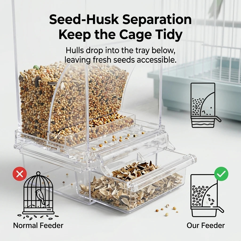 No Mess Clear Acrylic Bird Feeder Seed Dispenser Spill Proof Cage Accessory