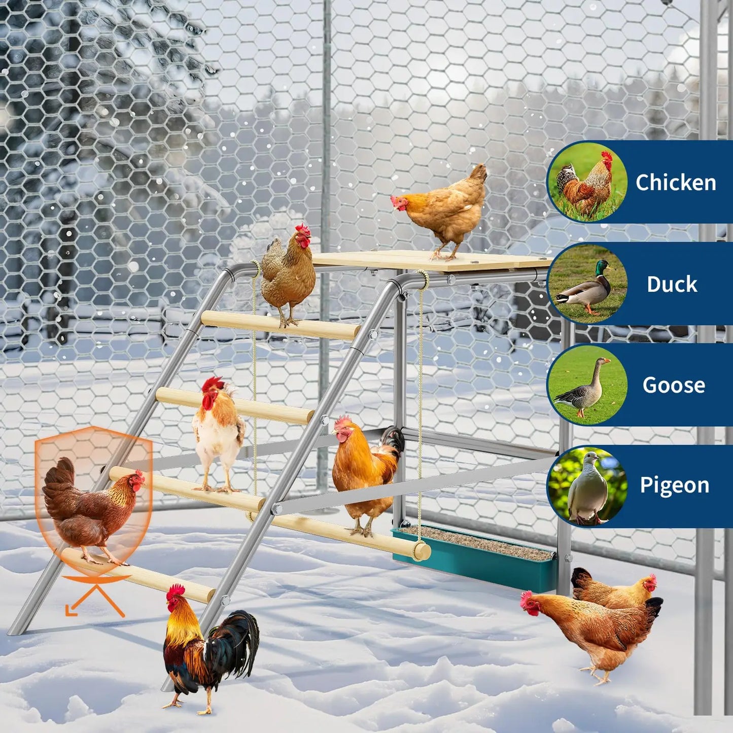 HiMISS Multi-Tier Chicken Roost Perch With Wooden Rungs Galvanized Steel