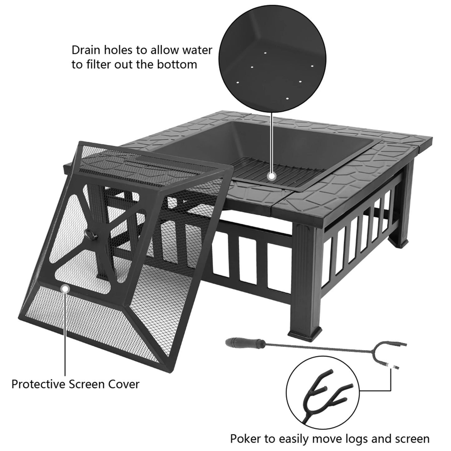 Portable Courtyard Metal Fire Pit With Accessories Outdoor