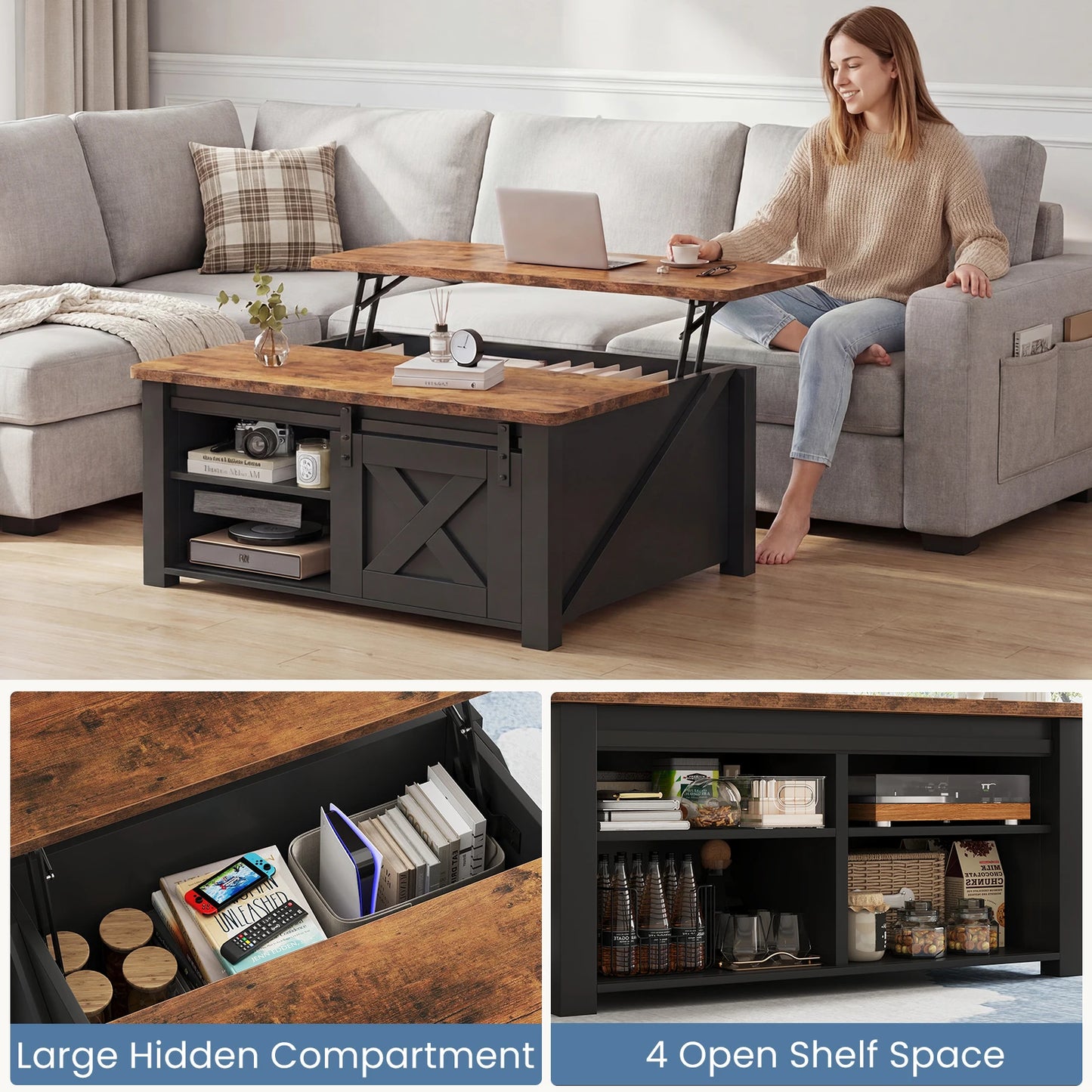 MCQ Lift Top Coffee Table Adjustable Storage Shelf Living Room