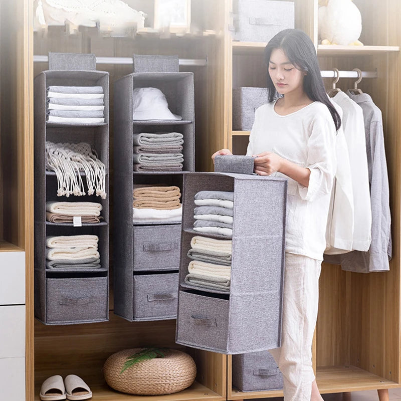 Cotton Linen Collapsible Hanging Closet Organizer With Drawers