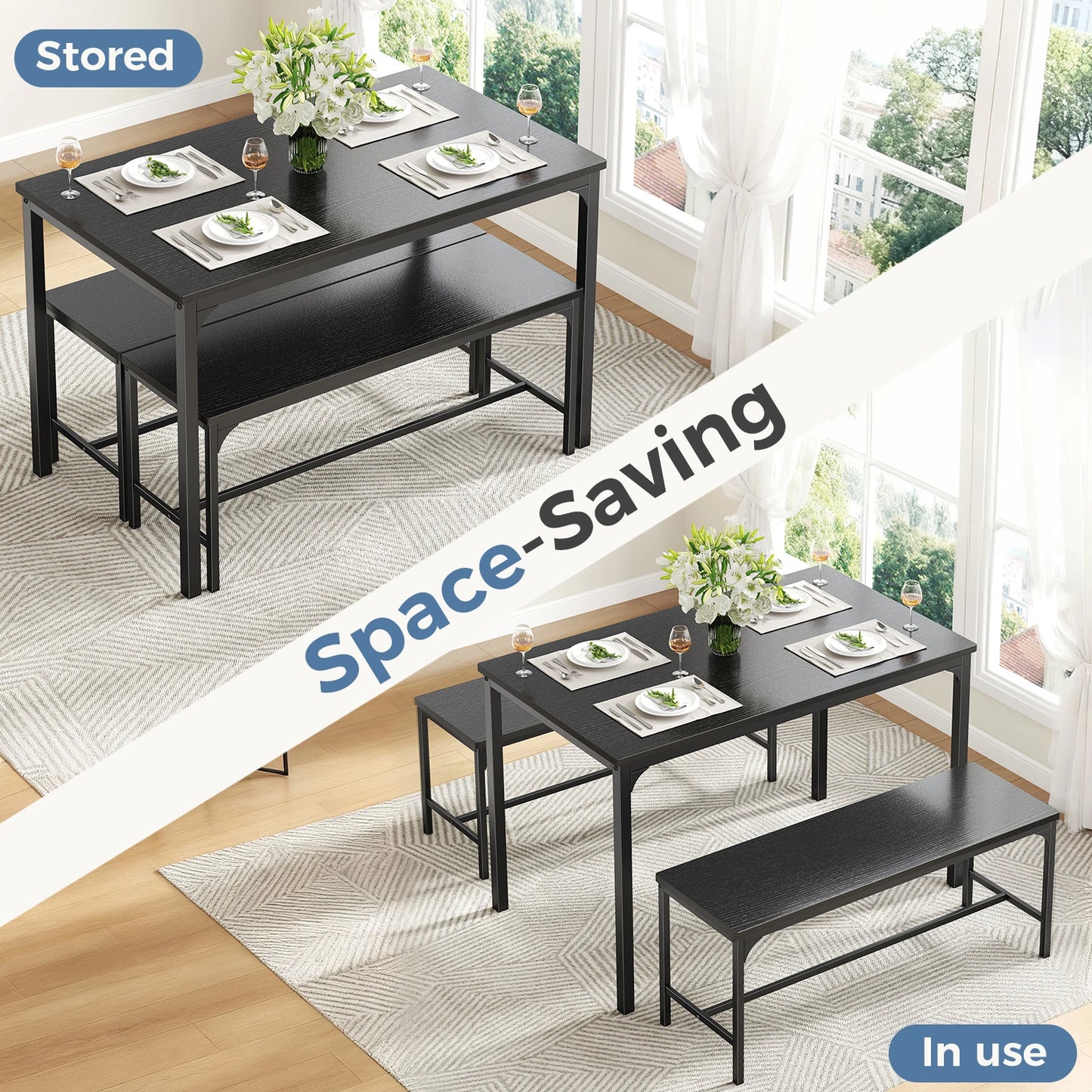 JHK 3-Piece Table And Chair Set With Metal Frame Space Saving