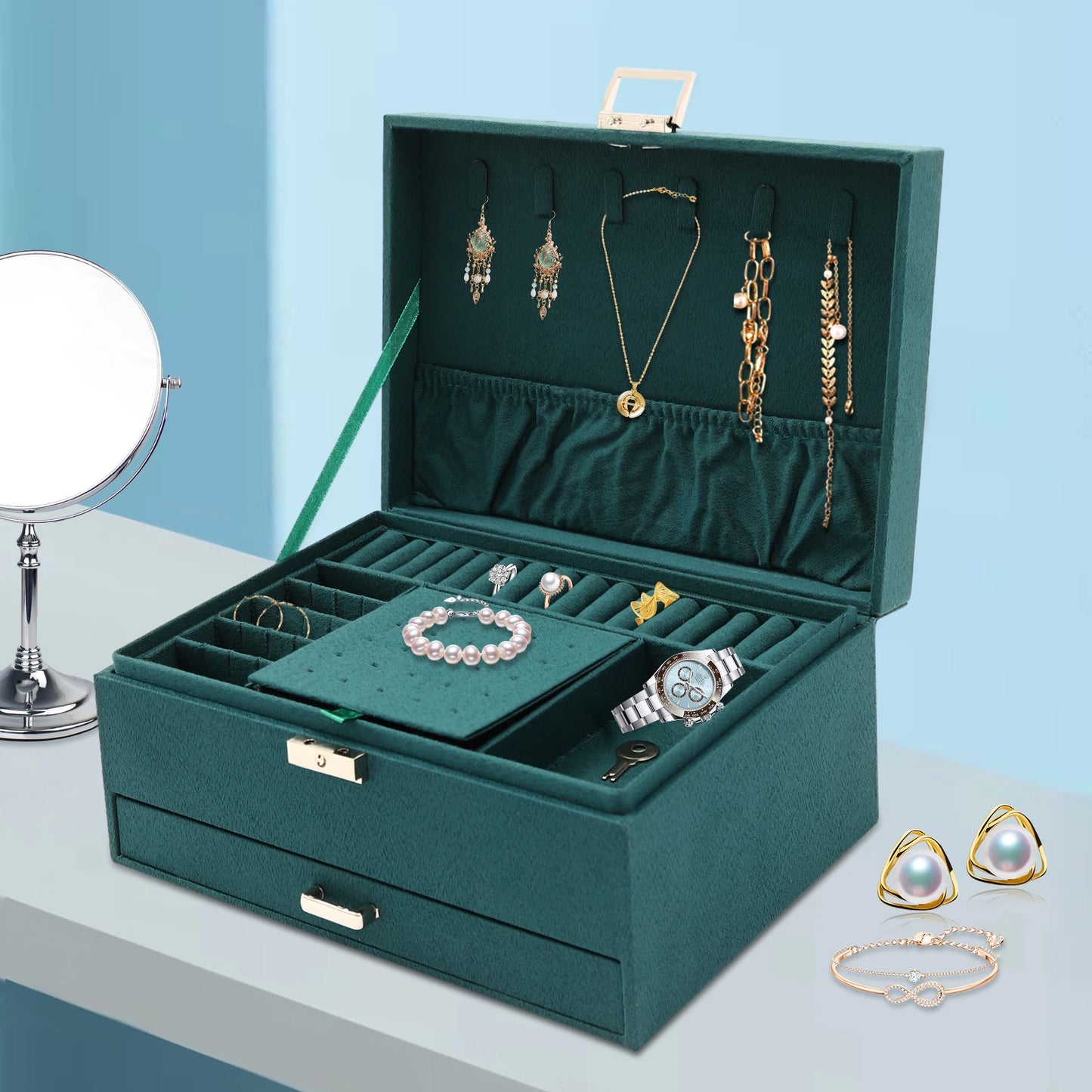 Three Tier Jewelry Box With Safe Lock Large Capacity