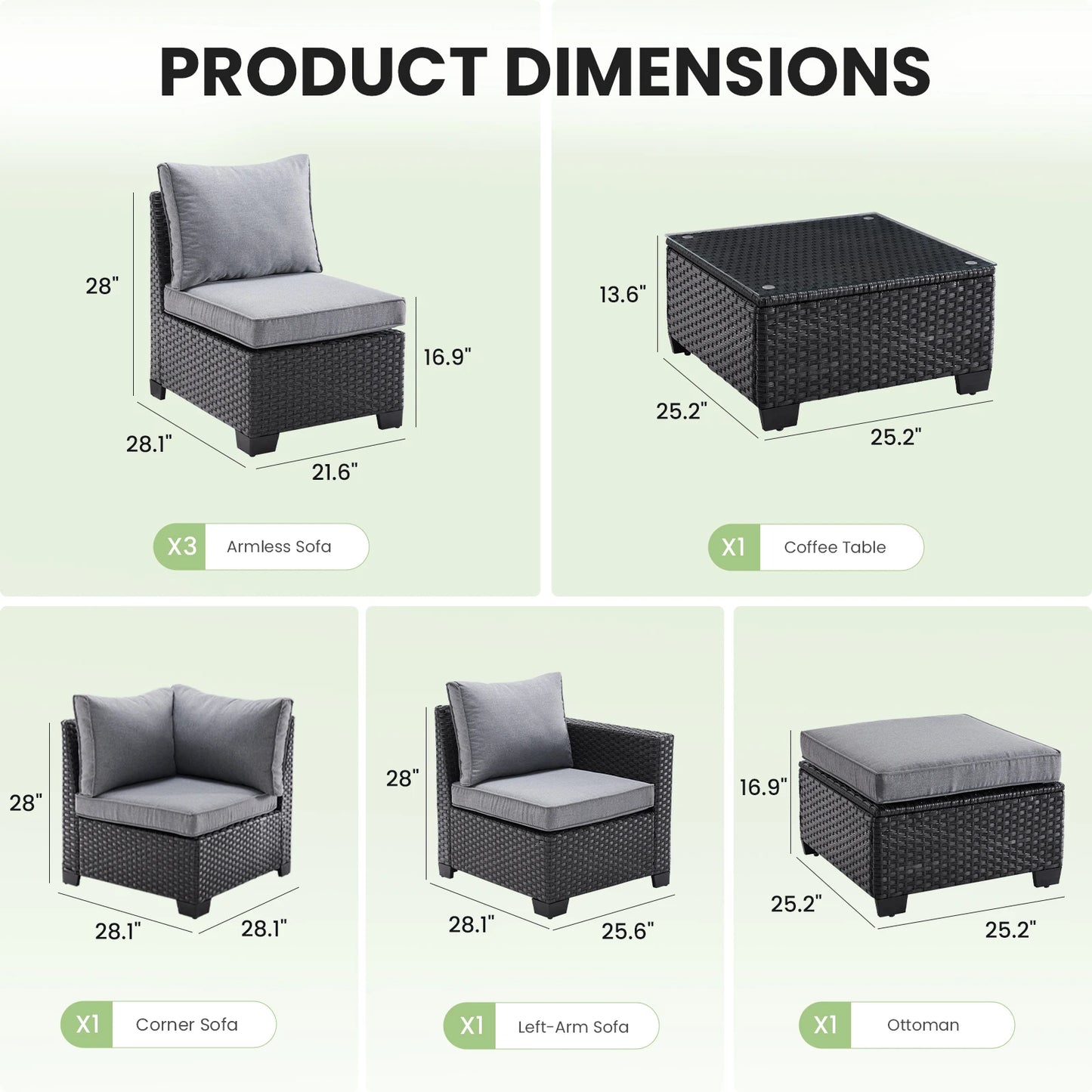 Rattan Patio Sectional Sofa Set With Ottoman Water Resistant Fabric
