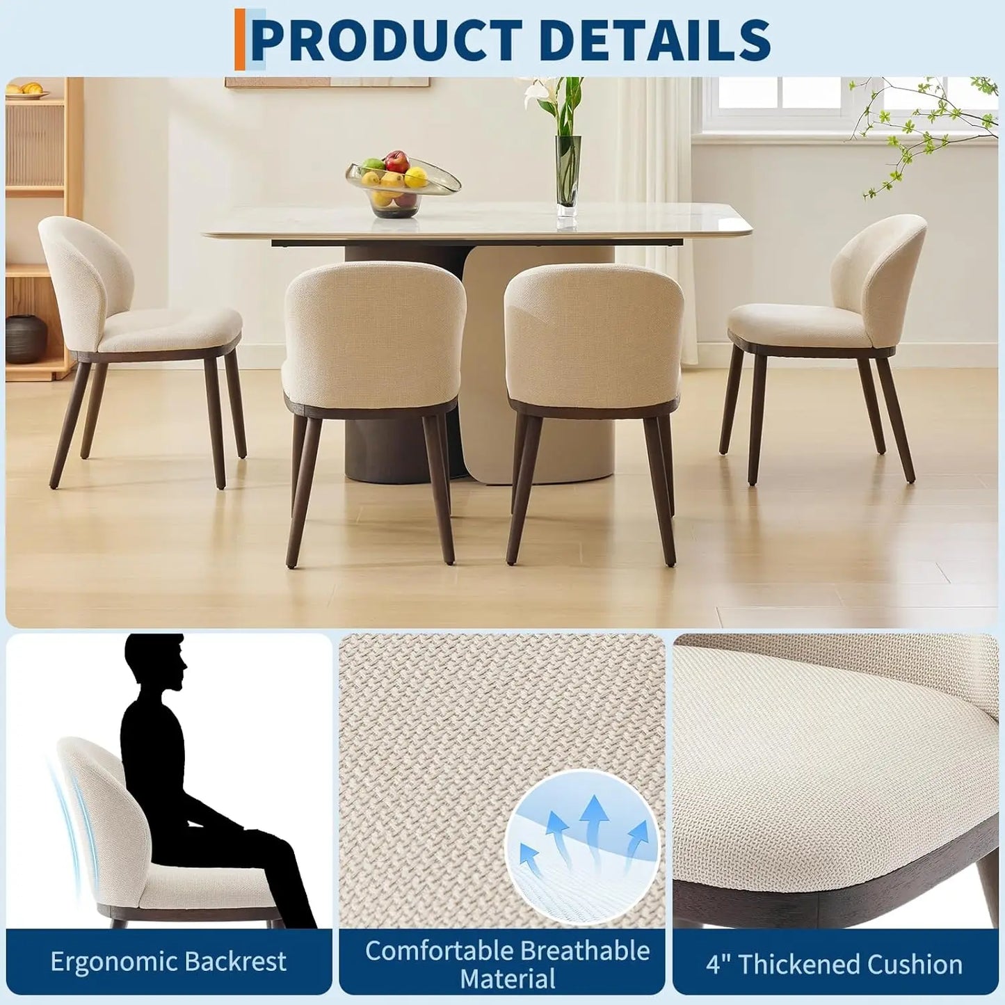 HiMISS Modern Set Of 2 Upholstered Dining Chairs With Ergonomic Back