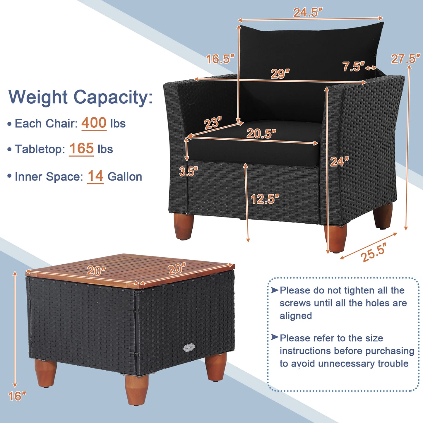 HOMASIS 3 Piece Patio Rattan Sofa Storage Table Wood Top
