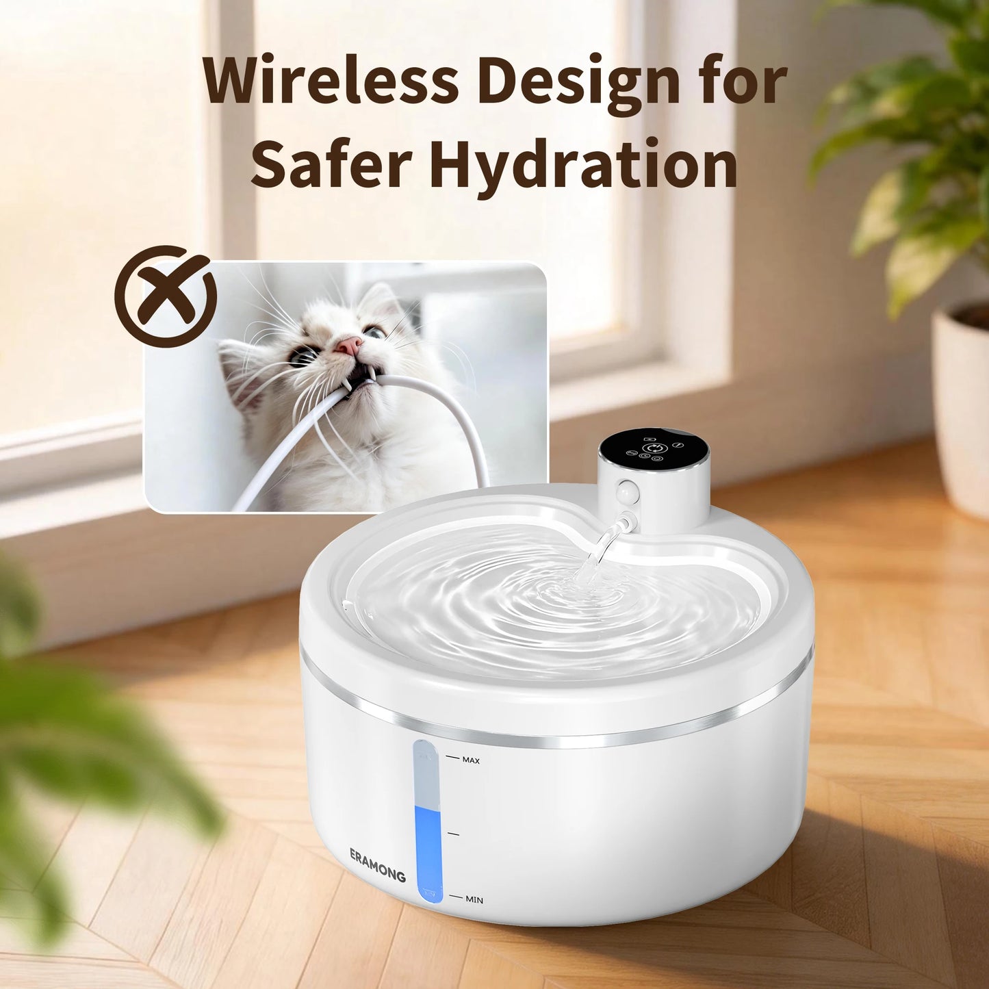 ERAMONG Wireless Cat Water Fountain With 4000mAh Battery And Auto Sensor
