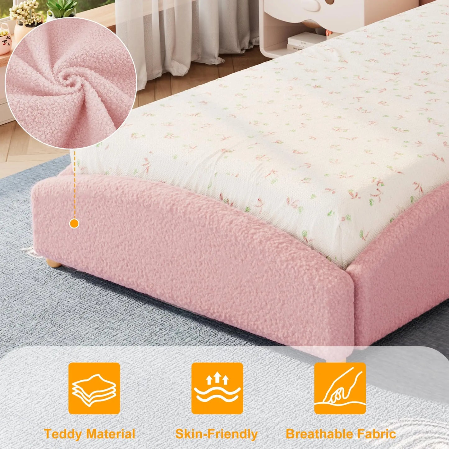 Twin Kids Floor Bed With Raised Sides, Teddy Fabric Upholstered Cloud Daybed, Montessori Platform Bed Frame With Wood Slats, No Box Spring